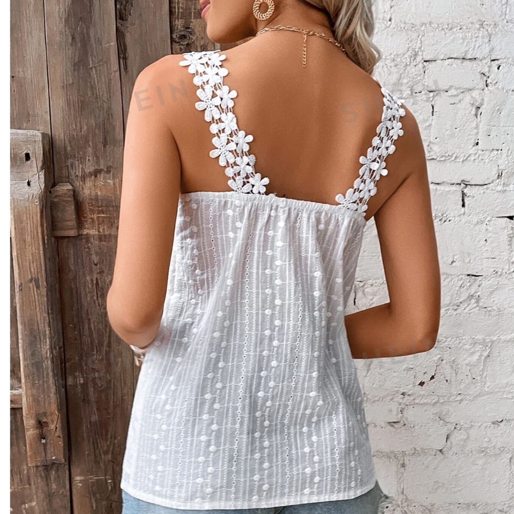 Women’s Tank Top White Lace Summer Shirt Eyelet Embroidered Tank Top #125 - Picture 2 of 7